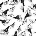 Seamless pattern with revolver trigger bang sketch Royalty Free Stock Photo