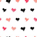 Seamless pattern with rhand drawn hearts on white background. Valentines day or wedding concept. Vector illustration