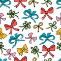 Seamless pattern, ribbon bows in hand drawn style. Vector illustration