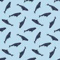 Seamless pattern right whale on light blue background. Template of cartoon character of ocean for fabric Royalty Free Stock Photo