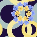 Seamless pattern of rings and flowers in pastel colors on a dark background