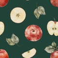 Seamless pattern with ripe apple tree branches, slice on dark green background. Watercolor fruit Perfect for juicy pack Royalty Free Stock Photo