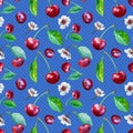 Seamless pattern of ripe cherries and flowers on a blue polka dot background Royalty Free Stock Photo