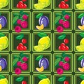 Seamless pattern of ripe lemon, raspberry, cherry and plum