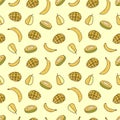 Seamless pattern with ripe mango, banana and pear. Vector Royalty Free Stock Photo