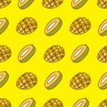 Seamless pattern with ripe mango cut in half. Vector Royalty Free Stock Photo