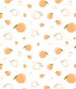 Seamless pattern of ripe pink-orange peaches of different sizes. Cute cartoon peaches on a white background