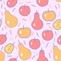 Seamless pattern of abstract pears, apples and plums on a light pink background for textile. Royalty Free Stock Photo