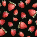Seamless pattern - ripe strawberry on black background. Watercolor art Royalty Free Stock Photo