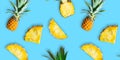 Seamless pattern of ripe whole pineapples and slices isolated on blue background. Tropical fruit summer exotic concept Royalty Free Stock Photo