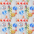 Seamless pattern of a road, traffic light, signs and markup.