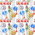 Seamless pattern of a road, traffic light, signs and markup.