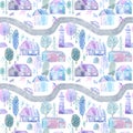 Seamless pattern of a road, village, animals, forest, people,car and floral. Royalty Free Stock Photo