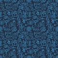 A seamless pattern of robotics icons, computers, androids and artificial intelligence in dark line style.