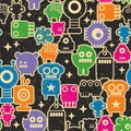 Seamless pattern with robots and monsters in retro pixel style