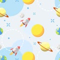 Seamless pattern with Rocket, earth, sun, moon, saturn. Outer space theme. Design for print screen backdrop, Fabric, and tile
