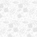 Seamless pattern of rocket, planet, star, ufo on white background in doodle style. Black and white hand drawn drawing Royalty Free Stock Photo