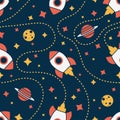 Seamless pattern with rocket, saturn, moon and star. Space background Royalty Free Stock Photo