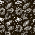 Seamless pattern of rockets, planets, comets, asteroids and stars. Vector in cartoon style. Black hole. Sun. Stars Royalty Free Stock Photo