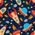 Seamless pattern with rockets in space - vector illustration, eps