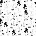 Seamless pattern with roller skates and cassette tapes. Retro hand drawn laced boots, black and white vector
