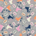 Seamless pattern with roller skates and cassette tapes. Retro hand drawn laced boots, colorful vector