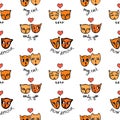 Seamless pattern with romantic cats in cartoon style on a white. Royalty Free Stock Photo