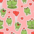 Seamless pattern with romantic frogs on pink background with hearts. Cute romantic kawaii animal character. Vector