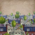 Seamless pattern with roofs of houses. Old fabulous English town. book Illustration.