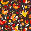 Seamless pattern with roosters. Cute decorative floral background with hen and chicken in ethnic colorfil style.