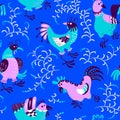 Seamless pattern with roosters. Cute decorative floral background with hen and chicken in ethnic colorfil style