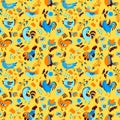 Seamless pattern with roosters. Cute decorative floral background with hen and chicken