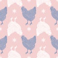 Seamless pattern with roosters and snowflakes. Black white silhouettes on pink background. Royalty Free Stock Photo