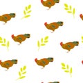 Seamless pattern roosters, wheats on white background. Drawn village birds print, vector eps 10