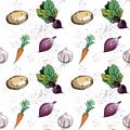 Pattern with carrots, potatoes, beets, garlic and onions Royalty Free Stock Photo