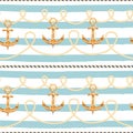 Seamless pattern with ropes and anchor. Marine striped background.