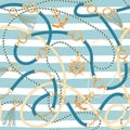 Seamless pattern with ropes, belts, tassels, ship wheel and anchor. Marine striped background. Royalty Free Stock Photo
