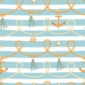 Seamless pattern with ropes, golden chain, tassels, ship wheel and anchor. Marine striped background. Royalty Free Stock Photo