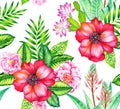 Seamless pattern with rose, camellia, succulents.