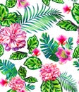 Seamless pattern with rose, camellia, succulents.