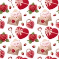 Seamless pattern with rose, castle, gift, strawberry, love letter. Romance, valentine's day. Great for wrapping