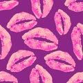 Seamless pattern with rose lips on a purple background.