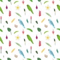 Seamless pattern with rose ringed parrots, tropical leaves, flowers and egg