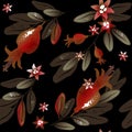A seamless pattern of rosehip fruits and flowers with leaves and branches in coffee tones. Royalty Free Stock Photo