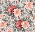 Seamless Pattern Roses. Beautiful Isolated Flowers Vintage Background Wallpaper Drawing Engraving Vector Illustration Blooming