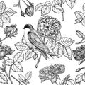 Seamless pattern with roses and birds. Garden roses and swallow.