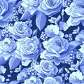 Seamless pattern with roses. Blue flowers, leaves on white background. Abstract colorful pattern in floral style Royalty Free Stock Photo
