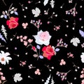 Seamless pattern with roses, cosmos and bell flowers, branches of spirea and leaves of clover, dandelion and viburnum