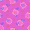 Seamless pattern with roses and denim hearts