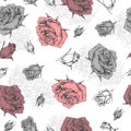 Seamless Pattern with Roses . Detailed hand-drawn sketches, vector Royalty Free Stock Photo